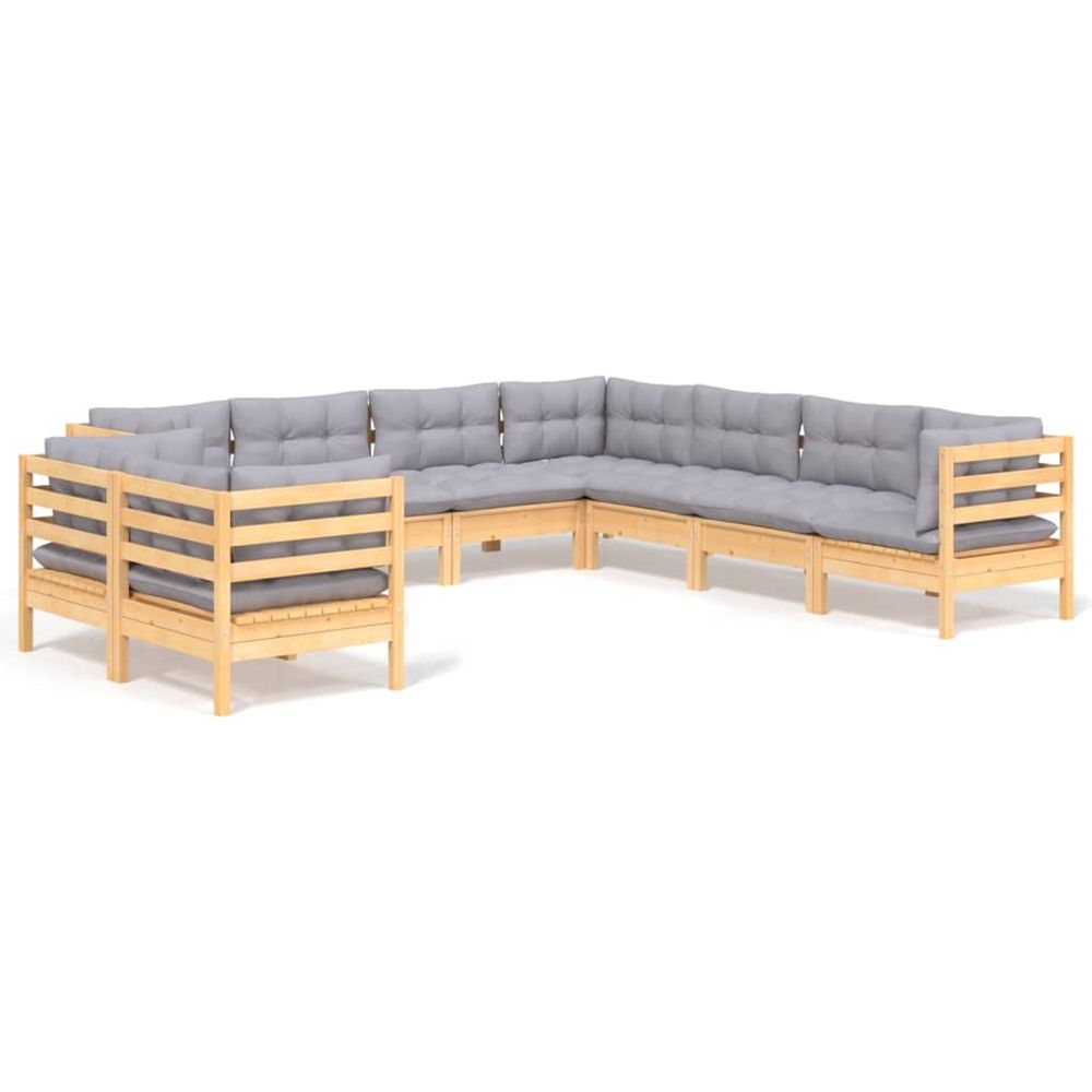 Salon de jardin 9 pcs avec coussins gris bois de pin massif