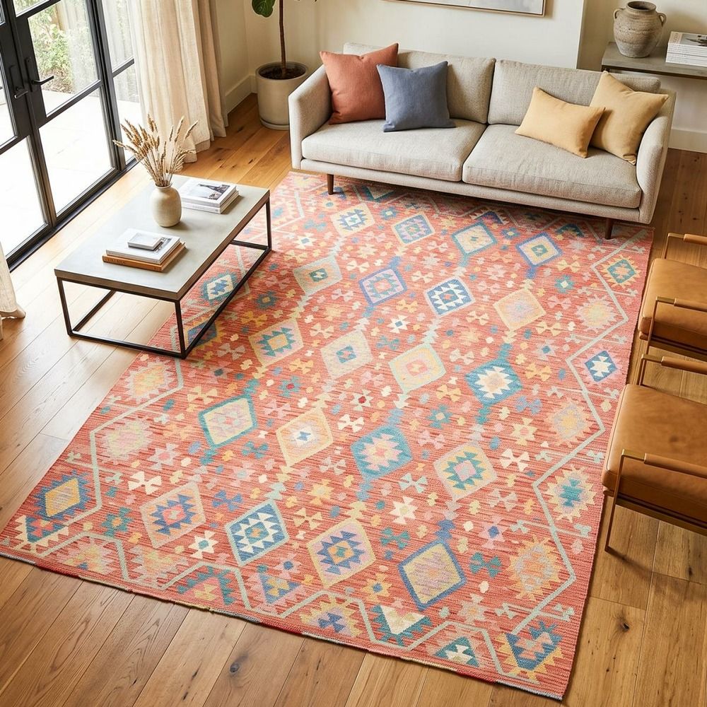 Tapis kilim 205 x 298 cm, rouge, bleu et jaune, en laine, tissé à plat, kilim 53