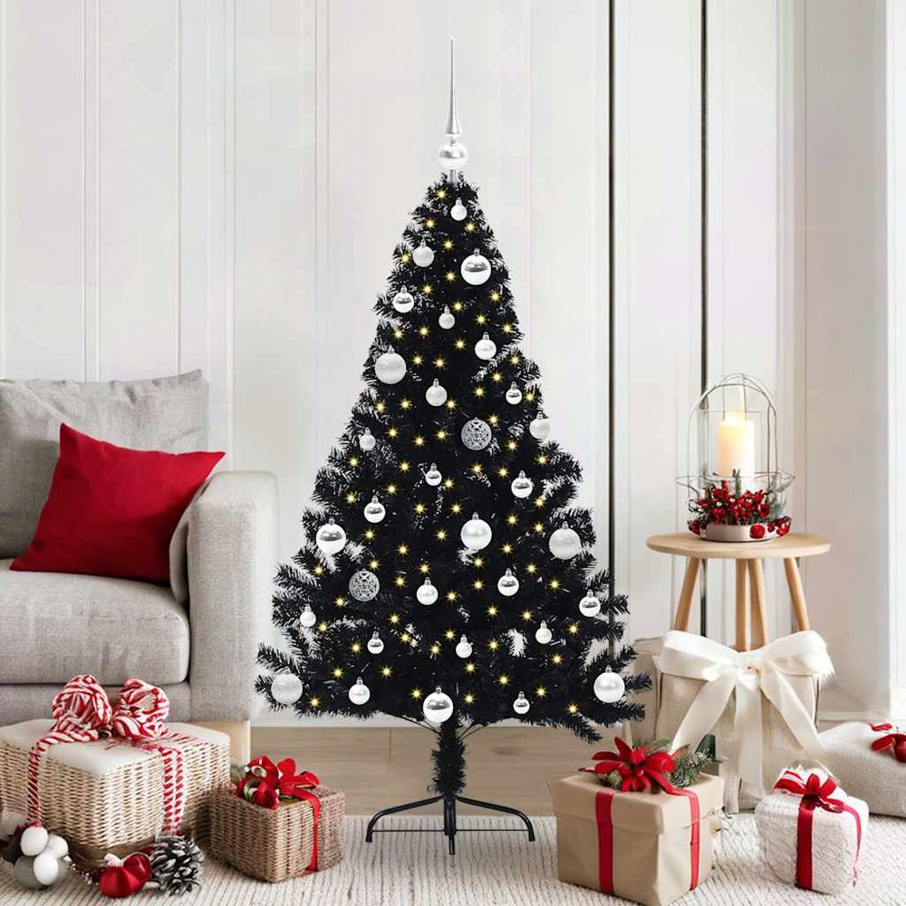 Sapin artificiel noir 150 cm avec kit complet lumières et décorations de noël