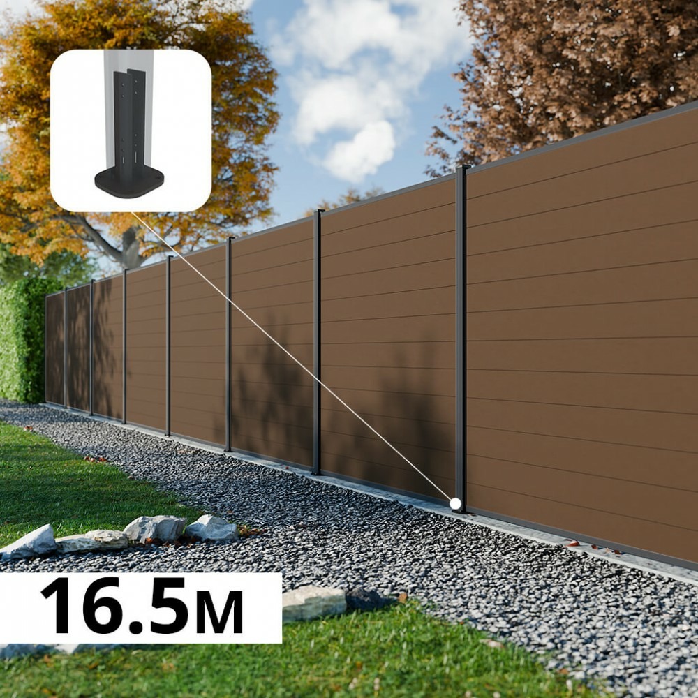 Kit clôture composite rio bronze 16,5x1,8m - bois composite & aluminium - poteaux sur platines gris - brise vue - palissade