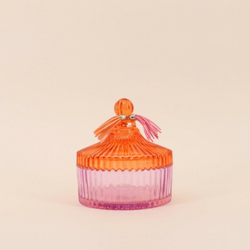 Boîte avec couvercle en verre coloré strié 14x15cm