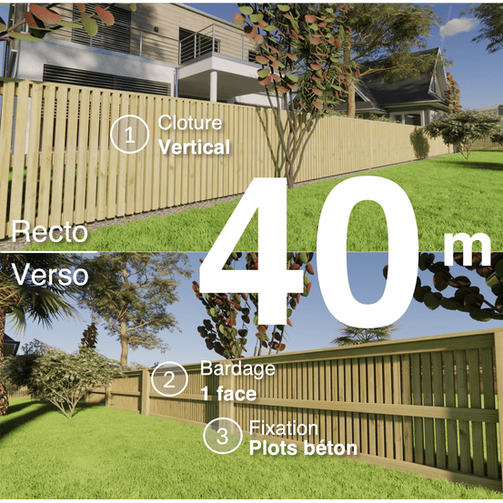 Kit clôture bois moderne 40m – h 0,9m – 45 x 45 mm autoclave – pose vertical – simple face – à sceller