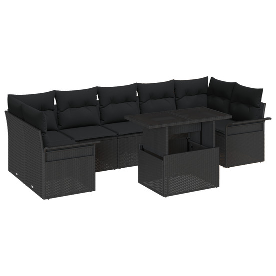Ensemble de canapé de jardin noir de 8 pièces avec coussins en poly rattan