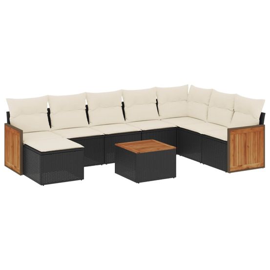 Salon de jardin 9 pcs avec coussins noir résine tressée