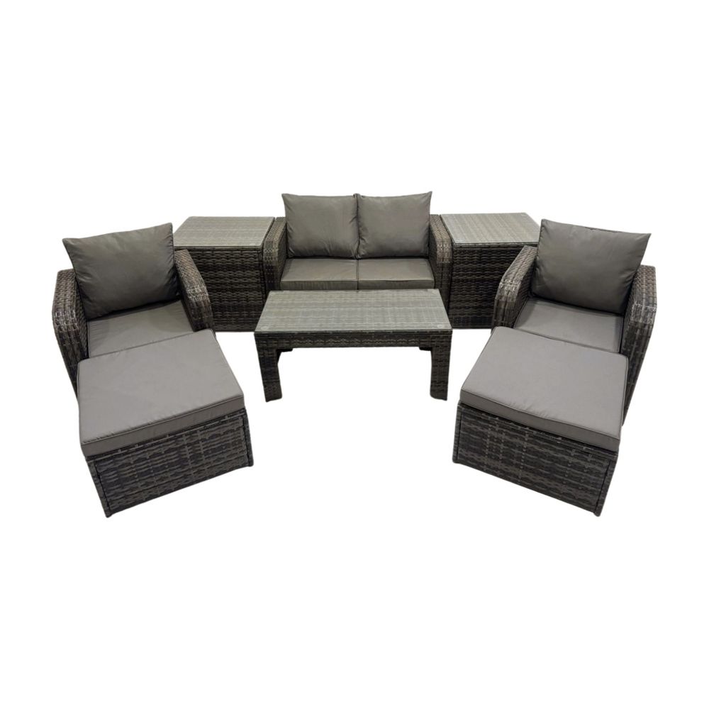 Salon de jardin ensemble avec chaise inclinable table basse 2 tables d'appoint 2 grand tabourets gris foncé mixte