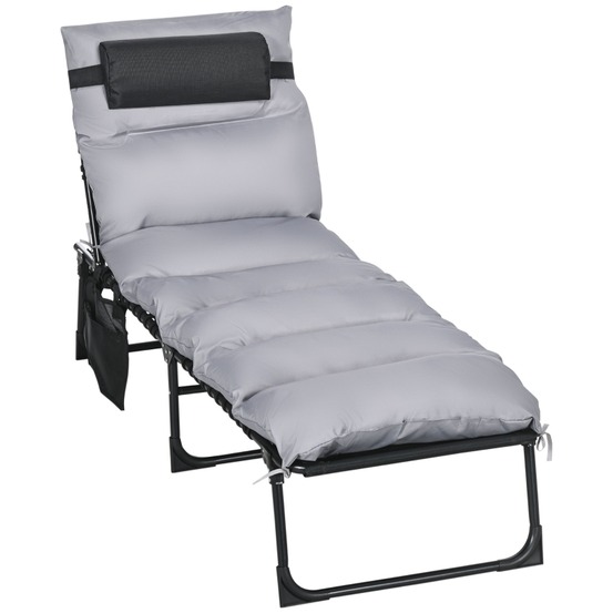 Chaise longue pliante avec appui-tête, dossier réglable 5 positions, en acier et polyester, gris clair