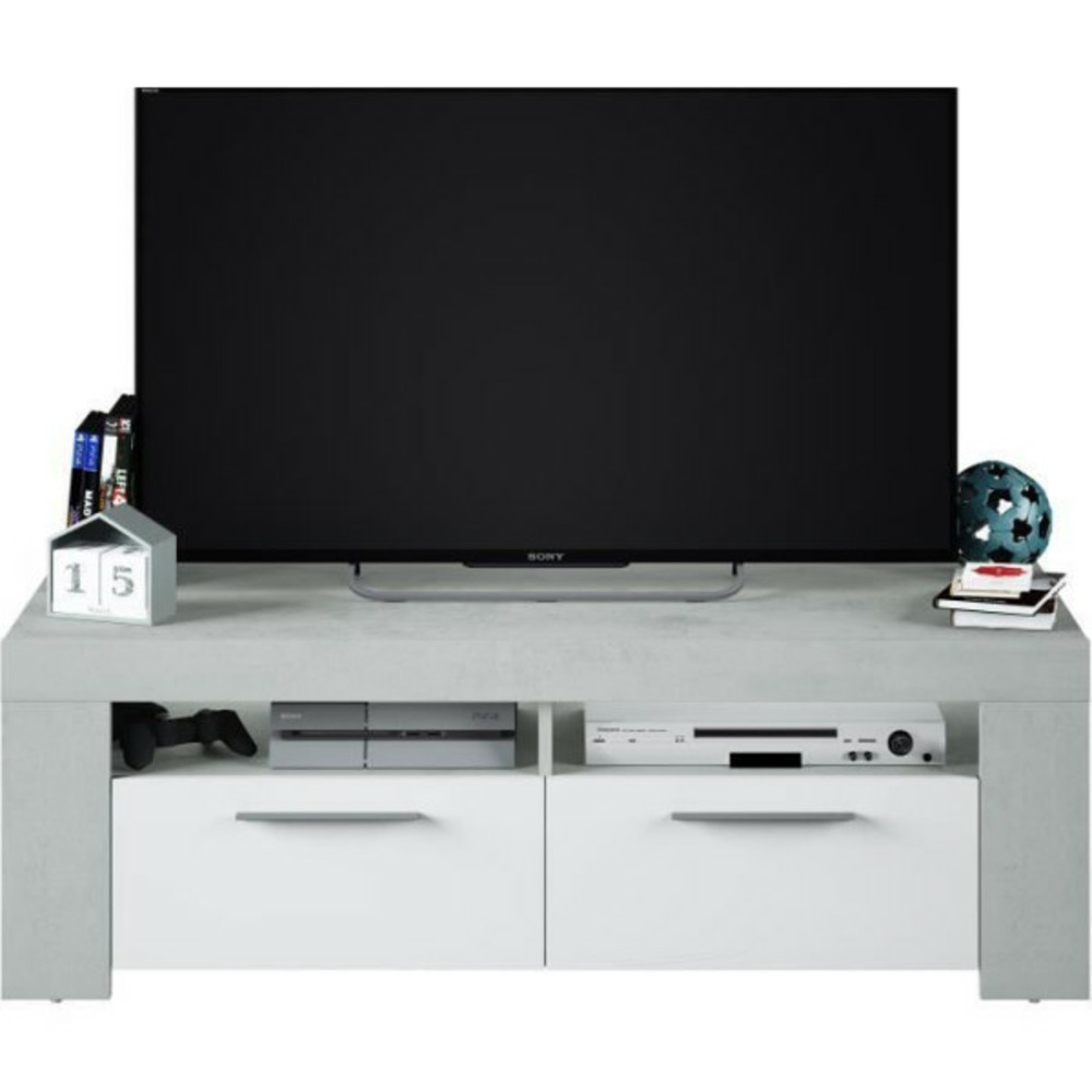 Meuble tv - ambit - effet béton / blanc artik - 2 portes - 2 niches - 120 x 42 x 40 cm