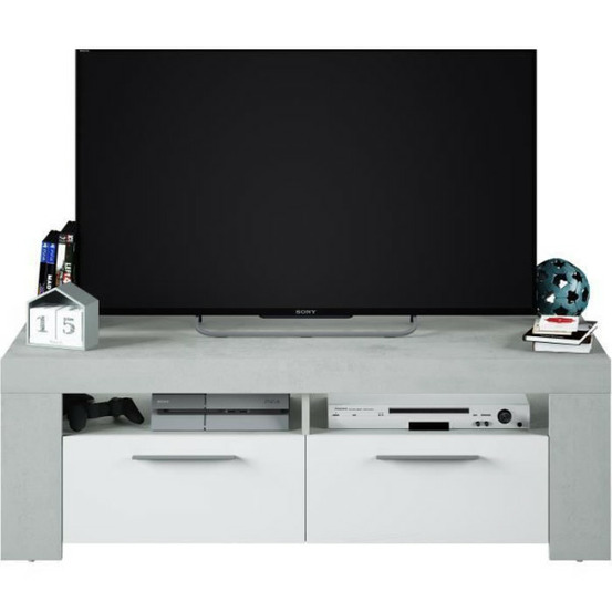 Meuble tv - ambit - effet béton / blanc artik - 2 portes - 2 niches - 120 x 42 x 40 cm