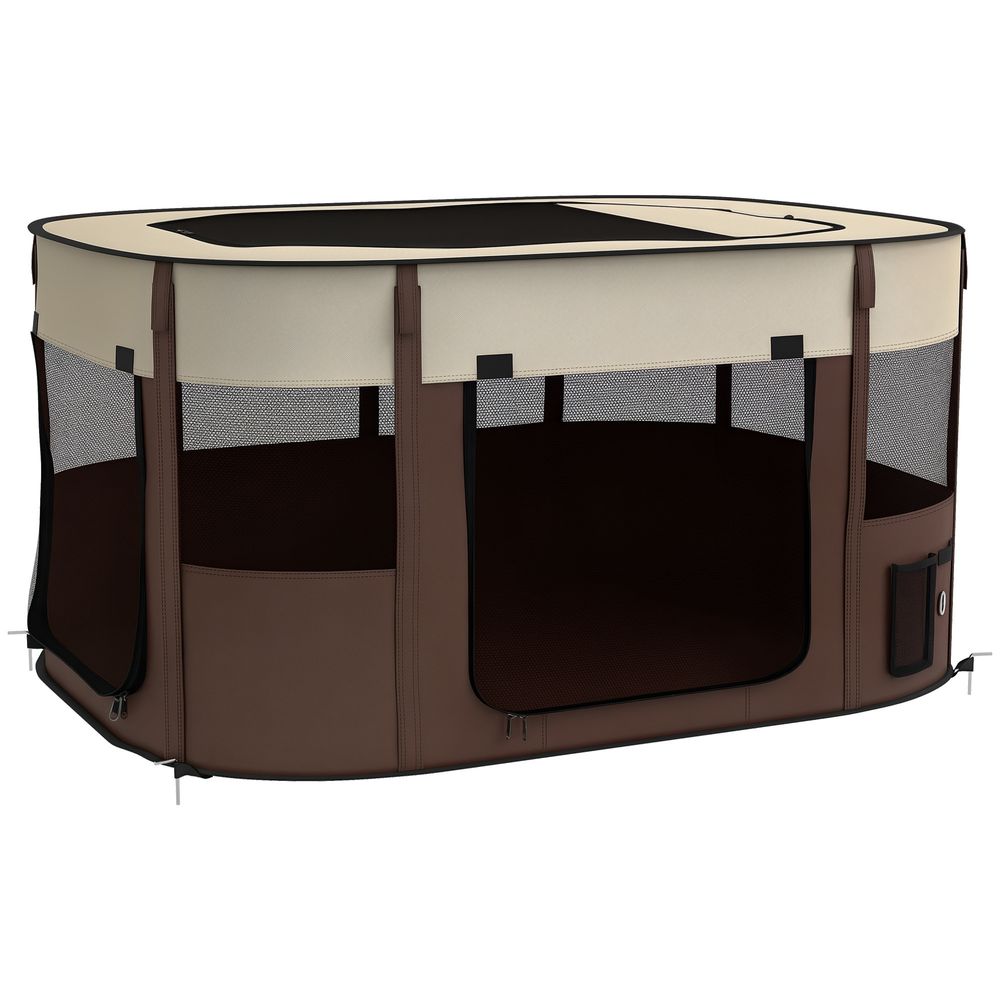 Enclos chiot tissu oxford intérieur extérieur pliable aéré 114x89cm marron