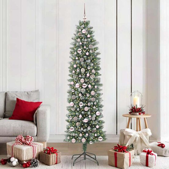 Sapin de noël artificiel slim 210 cm floconné, 300 led et décorations incluses
