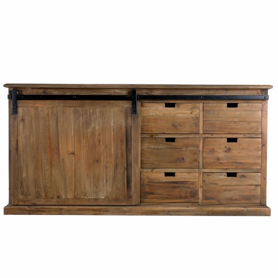 Sari-buffet en bois recyclé, 6 tiroirs et 1 porte coulissante