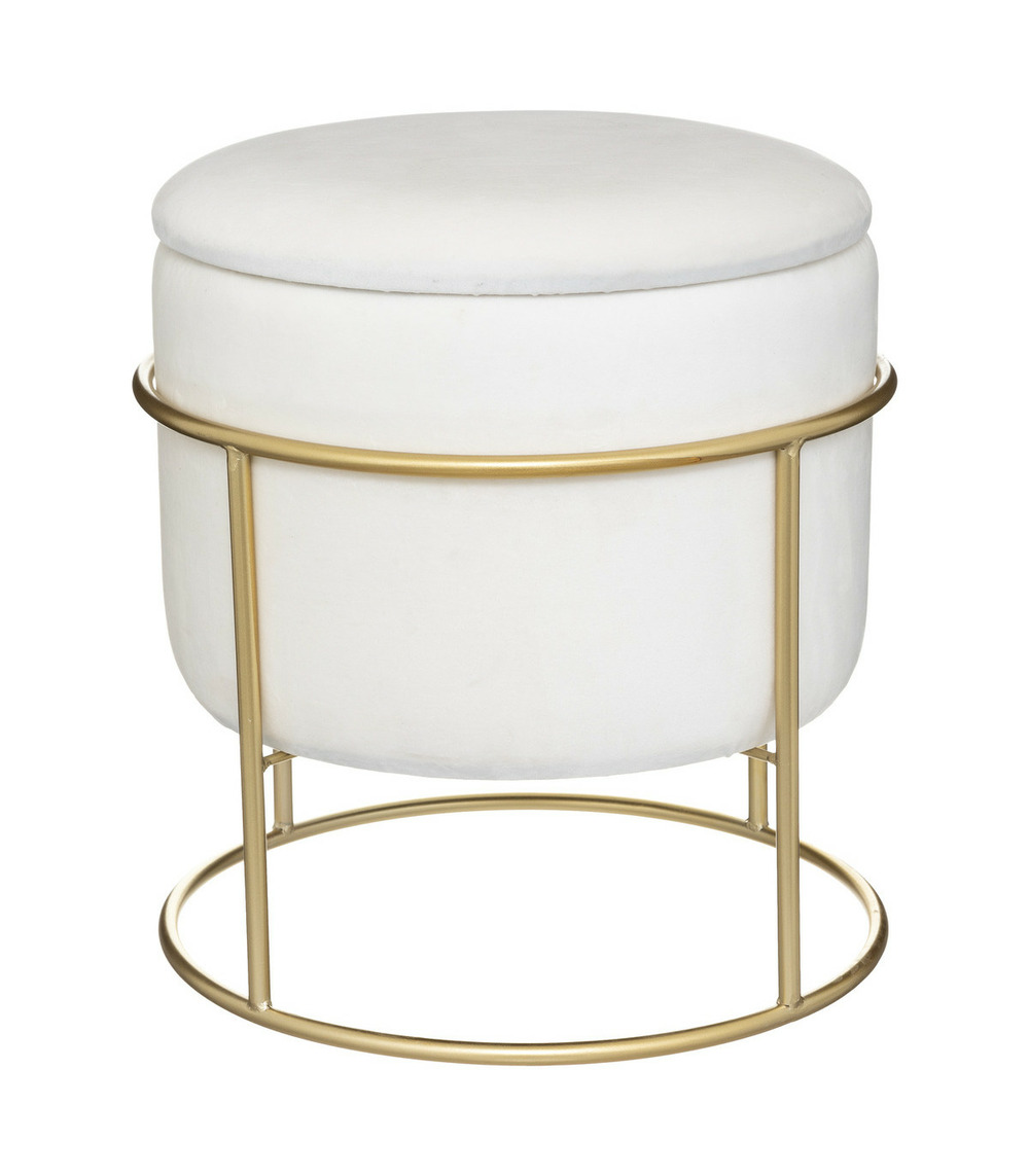 Pouf et coffre de rangement en velours ivoire et support en métal d 42 x h 44 cm