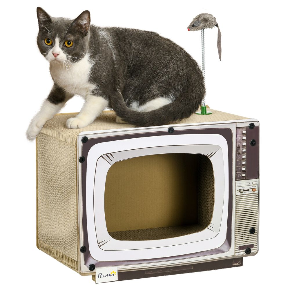 Maison griffoir pour chat en carton forme tv avec souris et herbe à chat sable