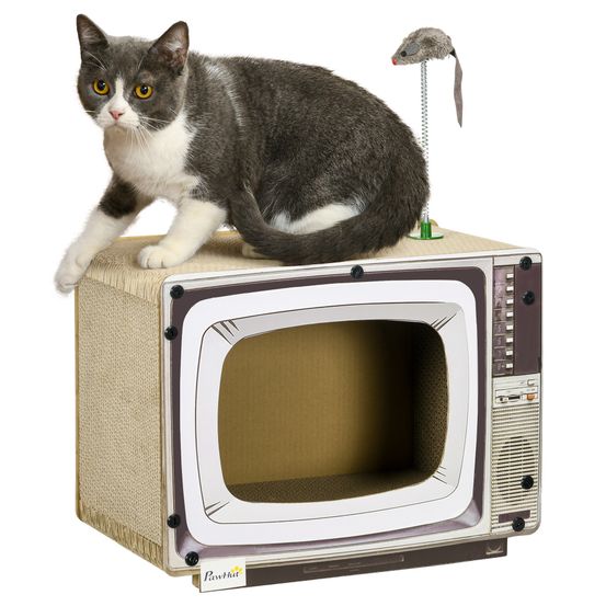 Maison griffoir pour chat en carton forme tv avec souris et herbe à chat sable