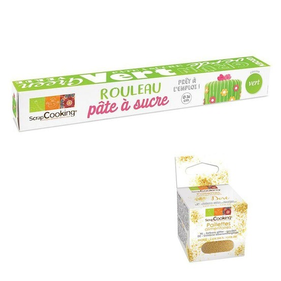 Pâte à sucre en rouleau ø 36 cm verte + paillettes dorées