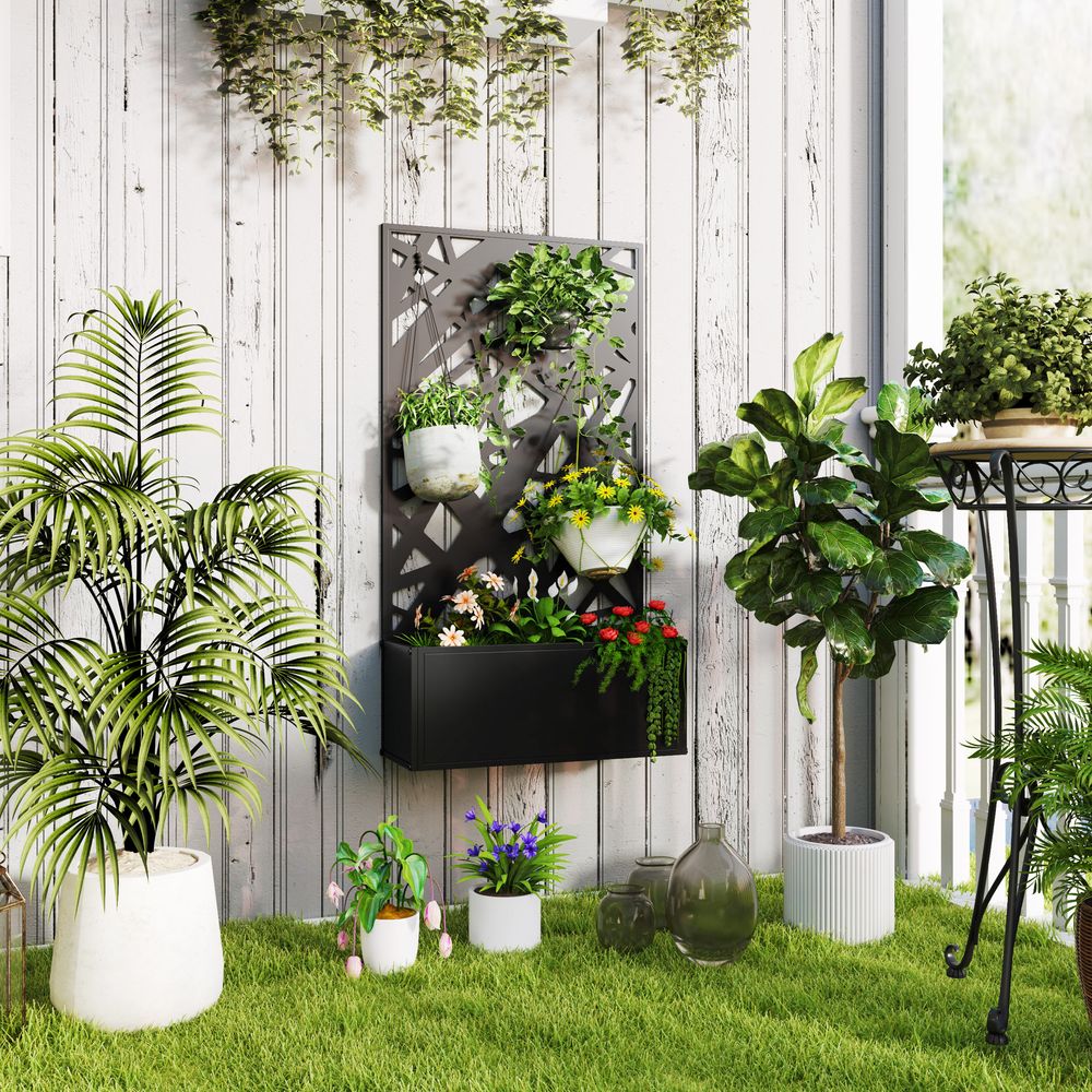 Jardinière avec treillis métal extérieur plantes grimpantes fixation murale noir