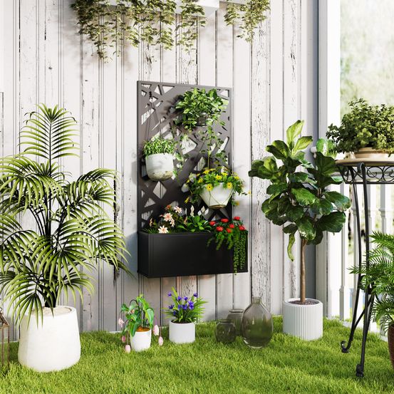 Jardinière avec treillis métal extérieur plantes grimpantes fixation murale noir
