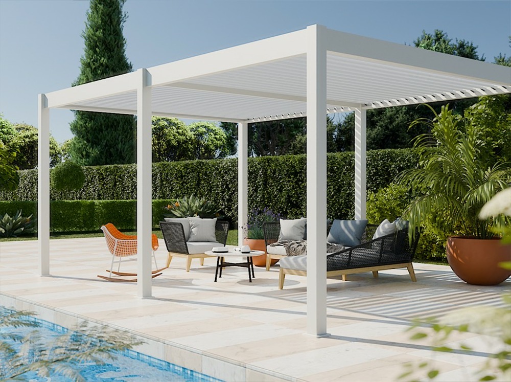 Pergola bioclimatique aluminium autoportée 19m² - 3,6x5,3 - blanc - lames orientables de 0 à 120 degrés - eclipse 19