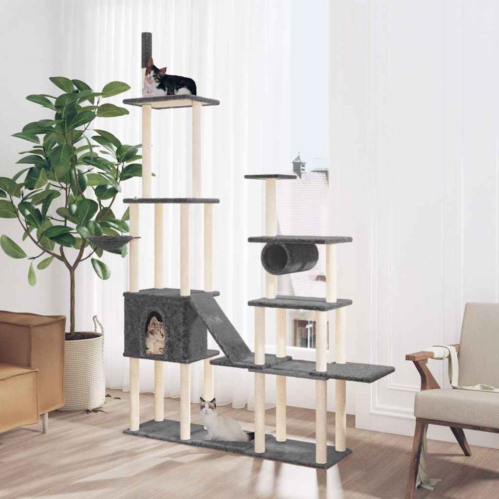 Très grand arbre à chat mural en sisal avec niche et hamac pour intérieur gris foncé 279 cm
