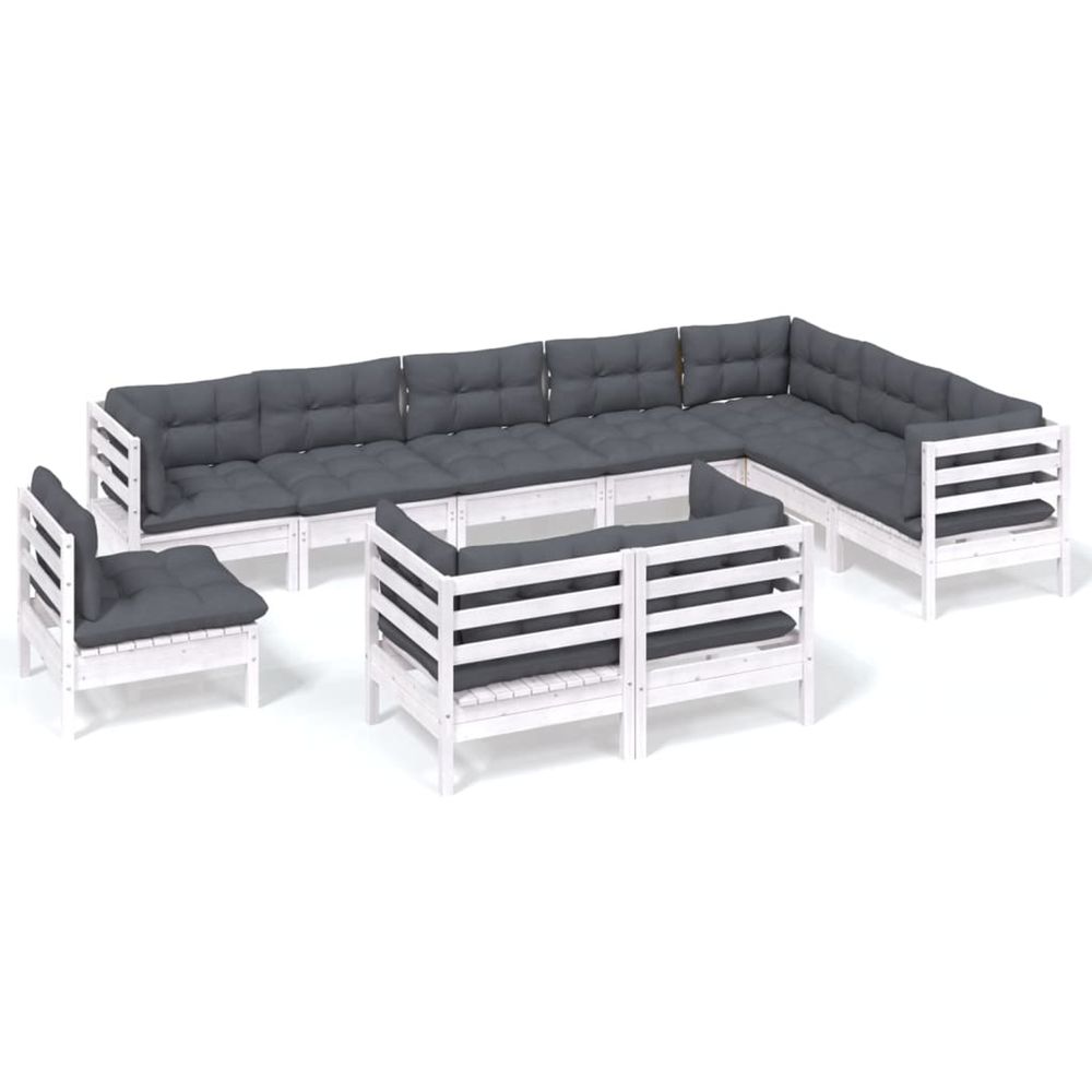 Salon de jardin 10 pcs avec coussins blanc bois de pin massif