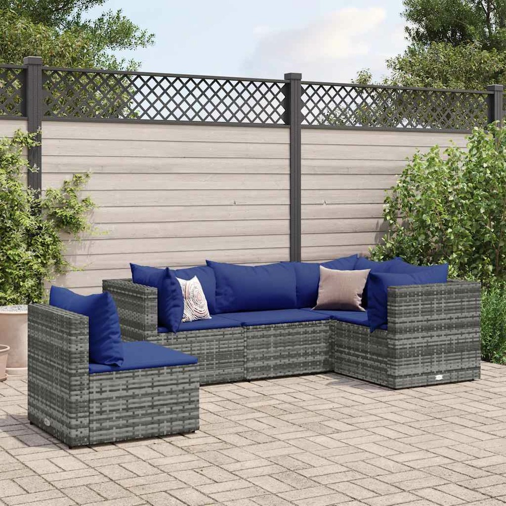 Salon de jardin 5 pcs avec coussins gris résine tressée