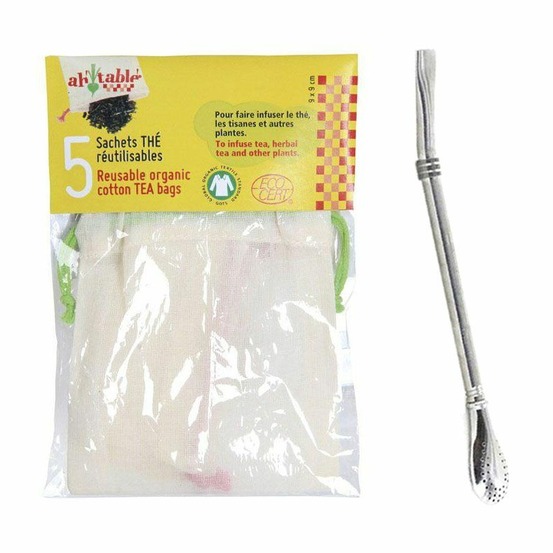 5 sachets de thé réutilisables + paille inox avec filtre