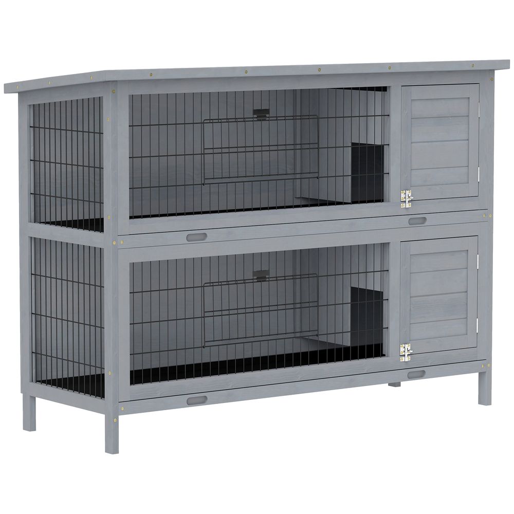 Clapier lapin 2 étages en bois de sapin gris 136,4 x 50 x 93 cm avec bac coulissant