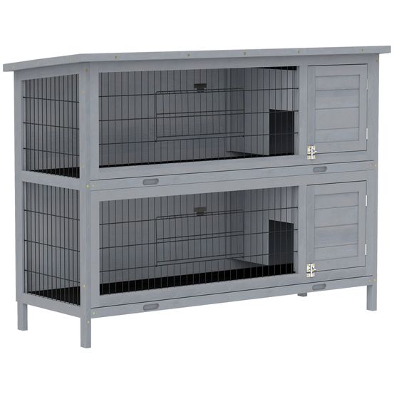 Clapier lapin 2 étages en bois de sapin gris 136,4 x 50 x 93 cm avec bac coulissant
