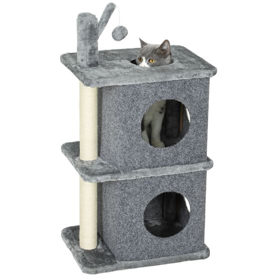 Arbre à chat compact 3 niveaux avec griffoirs sisal 2 niches et balle de jeu 80 cm gris foncé