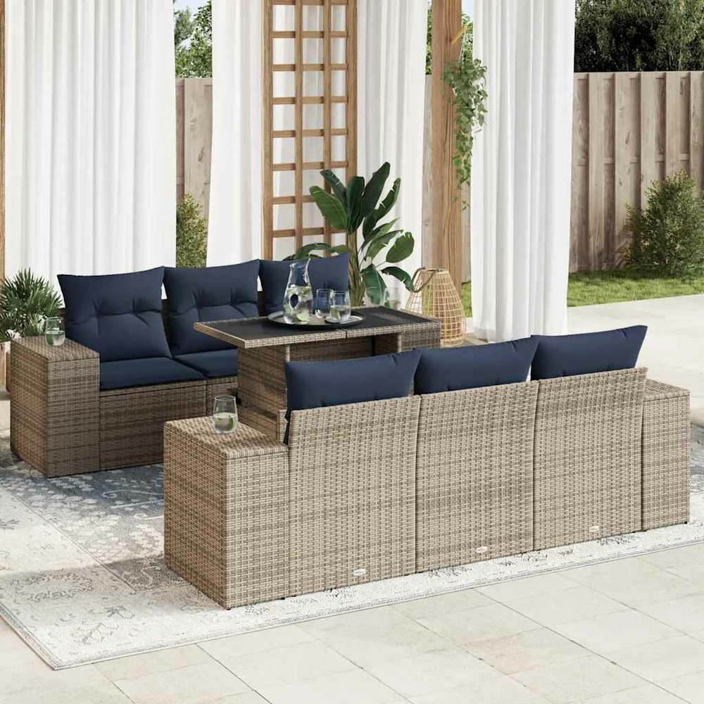 Salon de jardin avec coussins 7 pcs gris résine tressée acacia