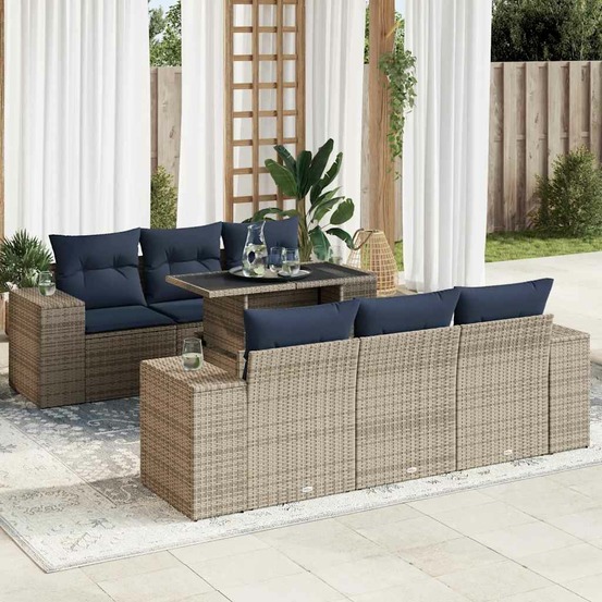 Salon de jardin avec coussins 7 pcs gris résine tressée acacia