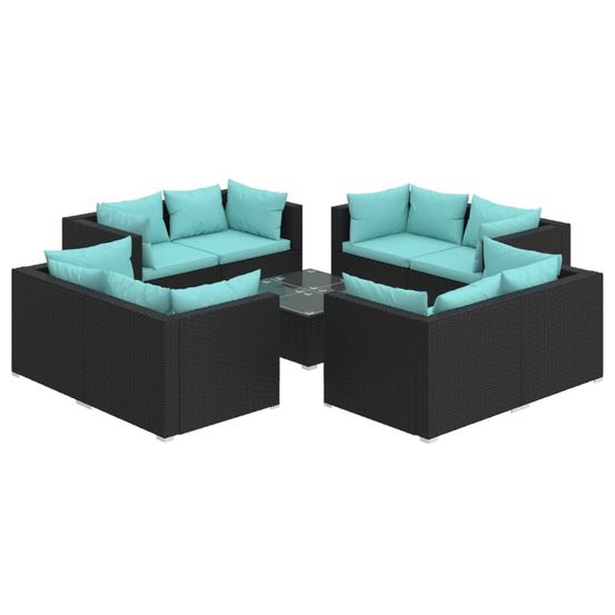 Salon de jardin 9 pcs avec coussins résine tressée noir