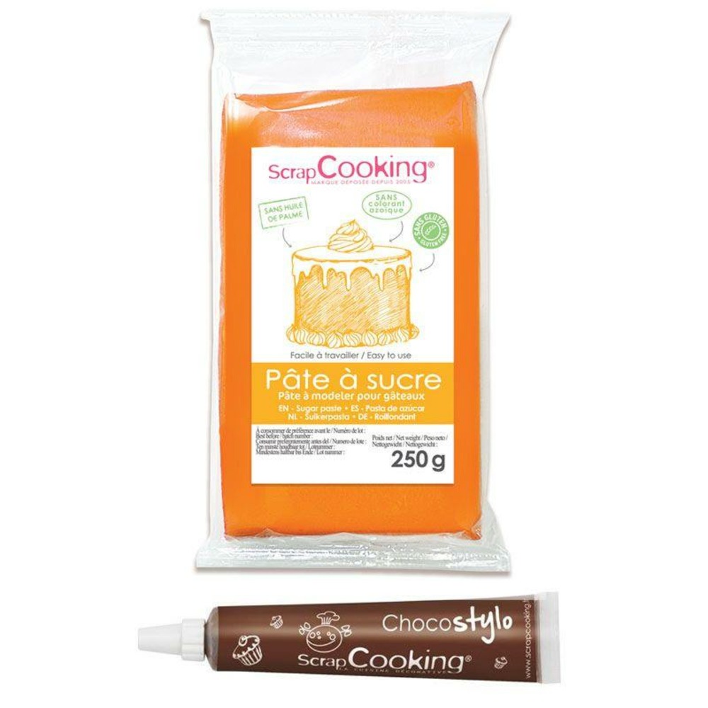 Pâte à sucre orange arôme vanille 250 g + stylo chocolat