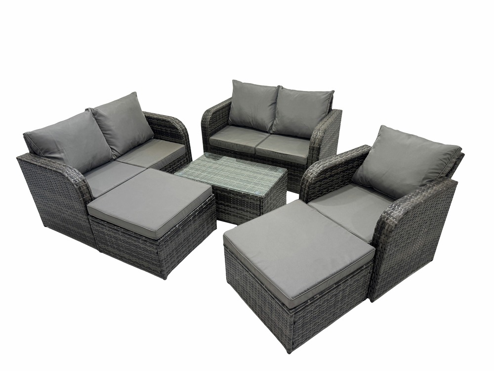 7 places ensemble de meubles de jardin canapés de terrasse fauteuil avec table en verre trempé 2 grand tabourets gris foncé mixte