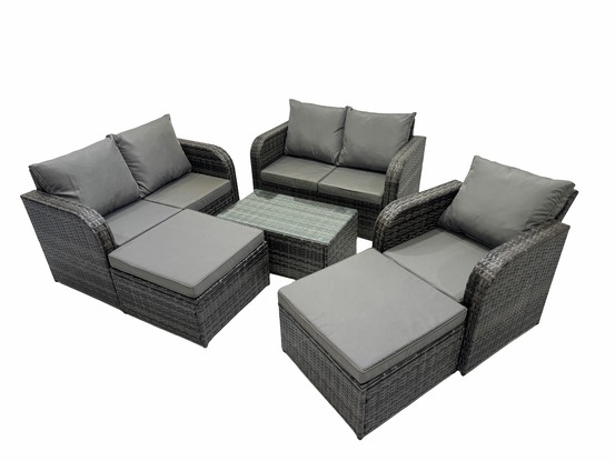 7 places ensemble de meubles de jardin canapés de terrasse fauteuil avec table en verre trempé 2 grand tabourets gris foncé mixte