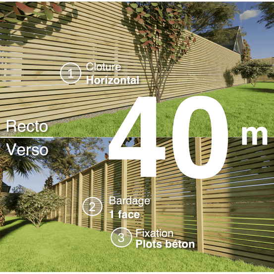 Kit clôture bois moderne 40m – h 1,9m – 45 x 45 mm autoclave – pose horizontal – simple face – à sceller