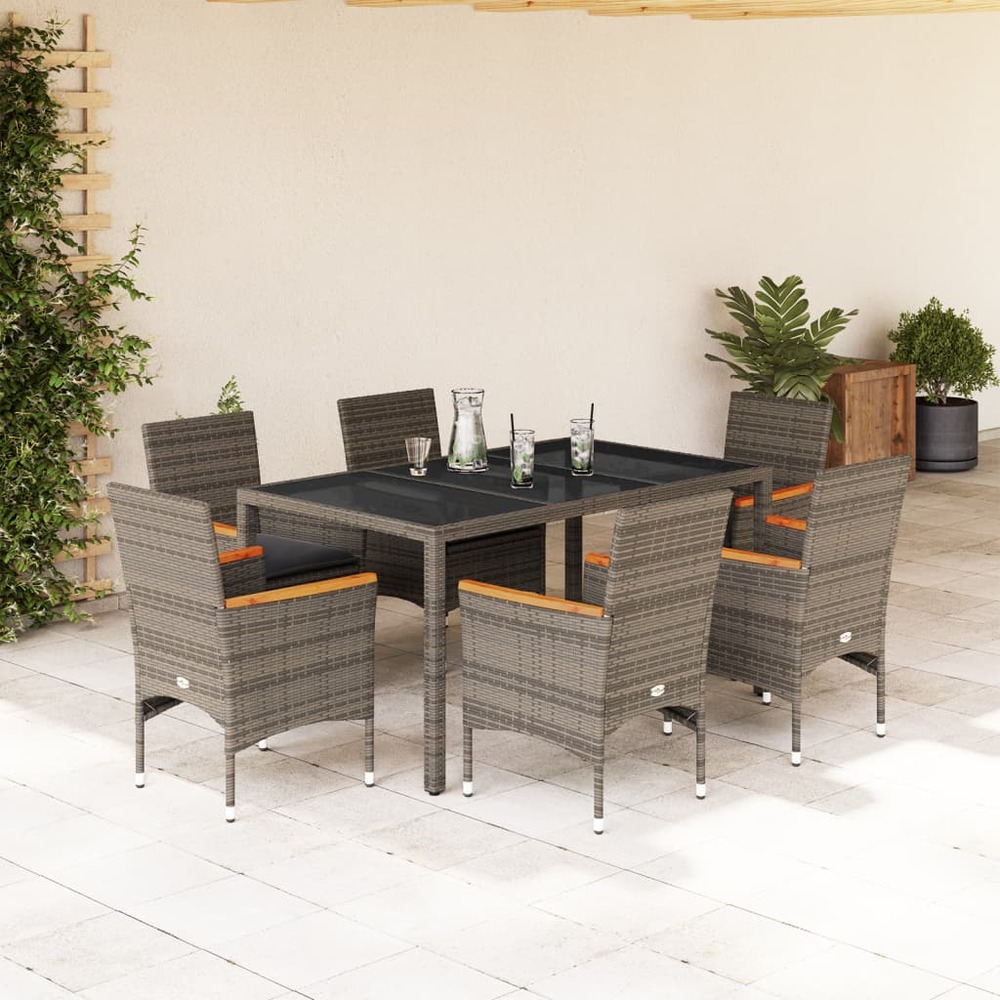 Ensemble à manger de jardin et coussins 7 pcs gris rotin verre