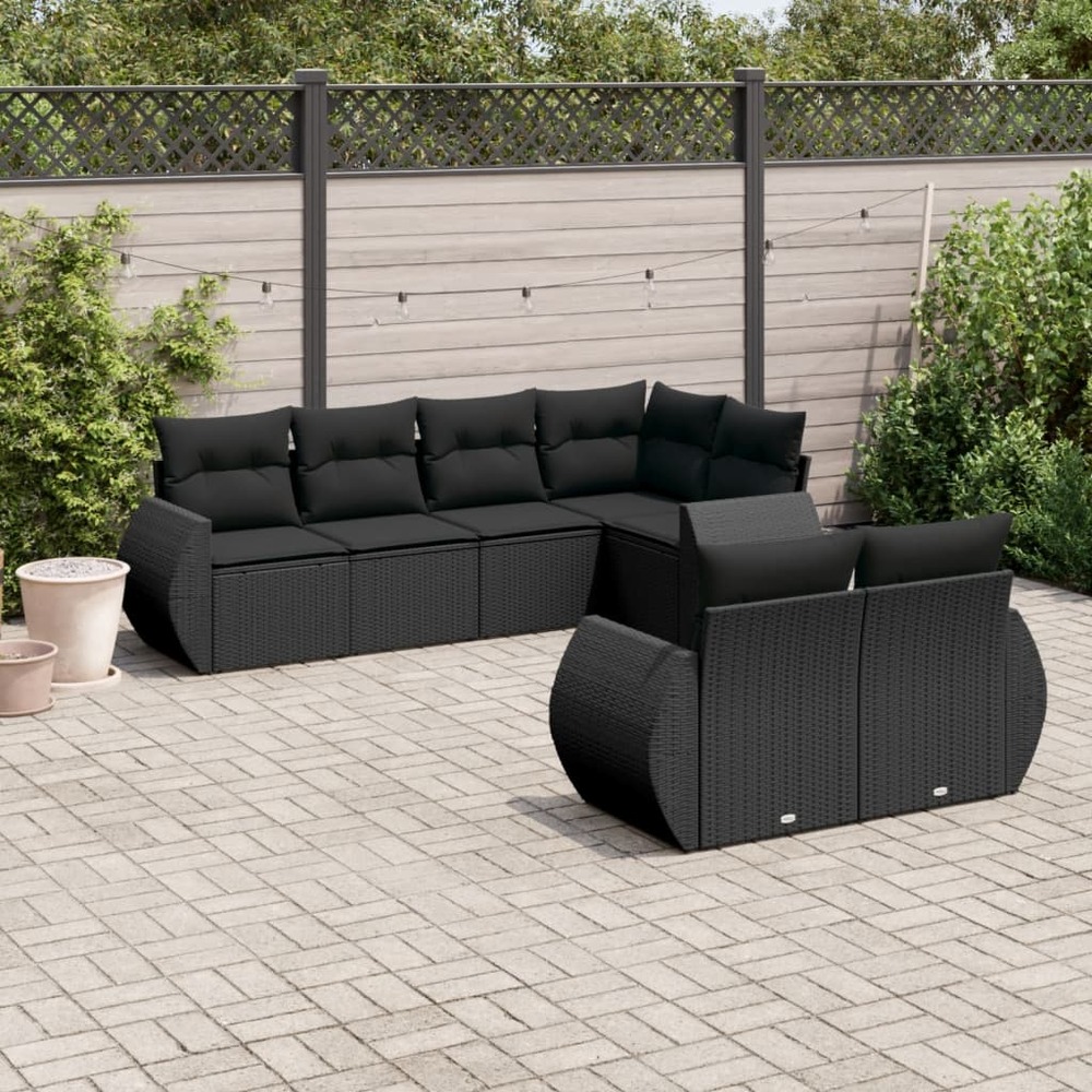 Salon de jardin 7 pcs avec coussins noir résine tressée