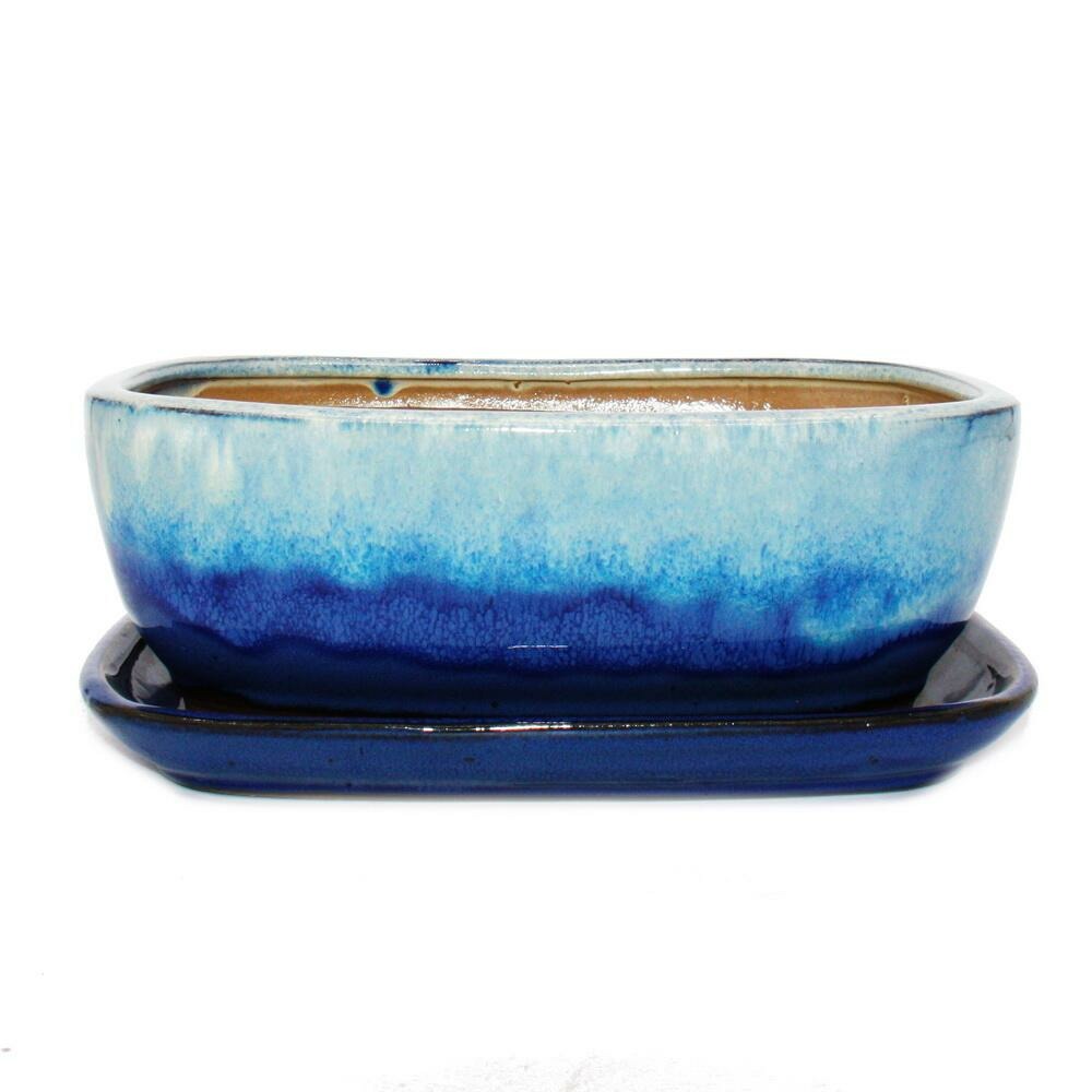 Bonsai-schale mit unterteller gr. 4 blau-beige rechteckig modell gb5 l 26cm  b 20cm h 9cm | Truffaut