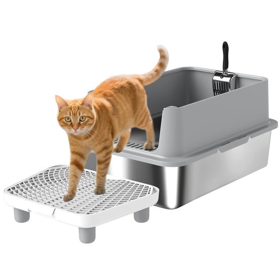 Maison de toilette acier inoxydable pour grands chats pédale filtrante 60cm gris