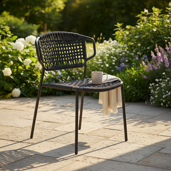 Chaise en métal et corde noir, flores
