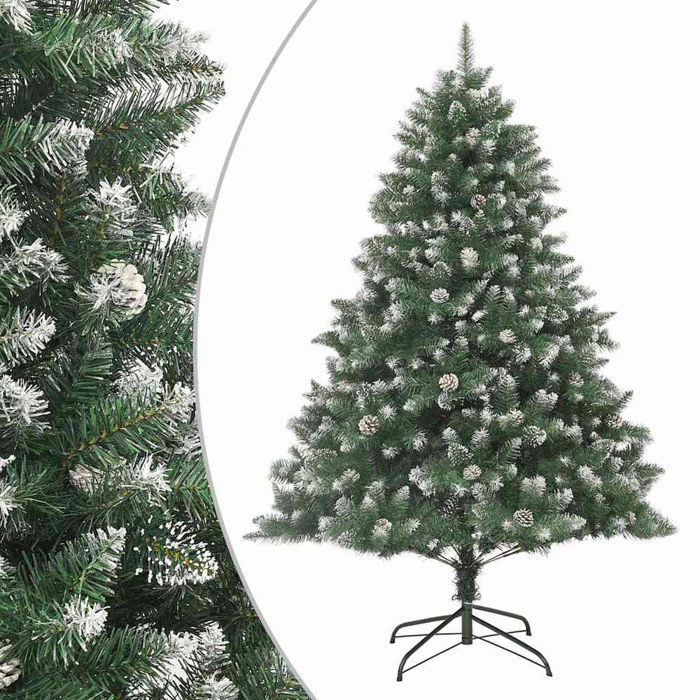 Sapin de noël artificiel floqué 210 cm pvc avec pommes de pin décoration