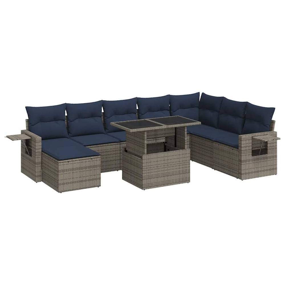 Salon de jardin avec coussins 9 pcs gris résine tressée acacia
