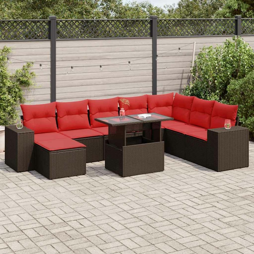 Salon de jardin avec coussins 9pcs marron résine tressée acacia