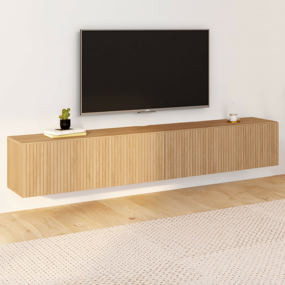 Meuble tv 180 cm suspendu juliette lattes tasseau bois coloris chêne