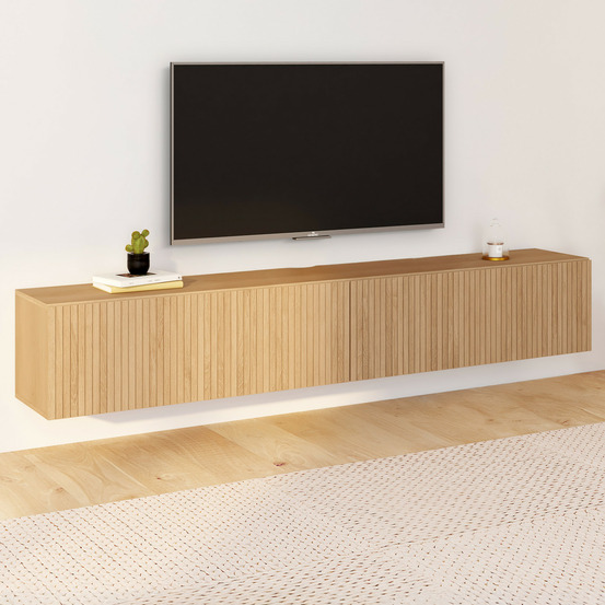 Meuble tv 180 cm suspendu juliette lattes tasseau bois coloris chêne