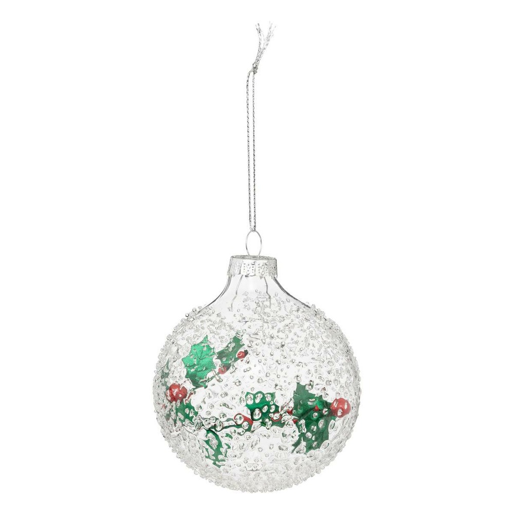 Boule de noël intérieur houx en verre 80mm