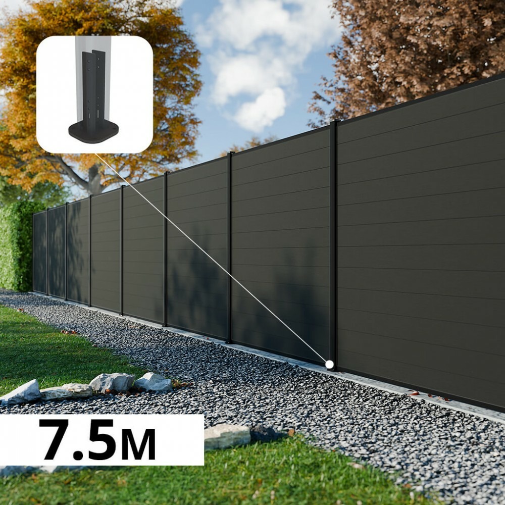 Kit clôture composite rio anthracite 7,5x1,8m - bois composite & aluminium - poteaux sur platines noir - brise vue - palissade