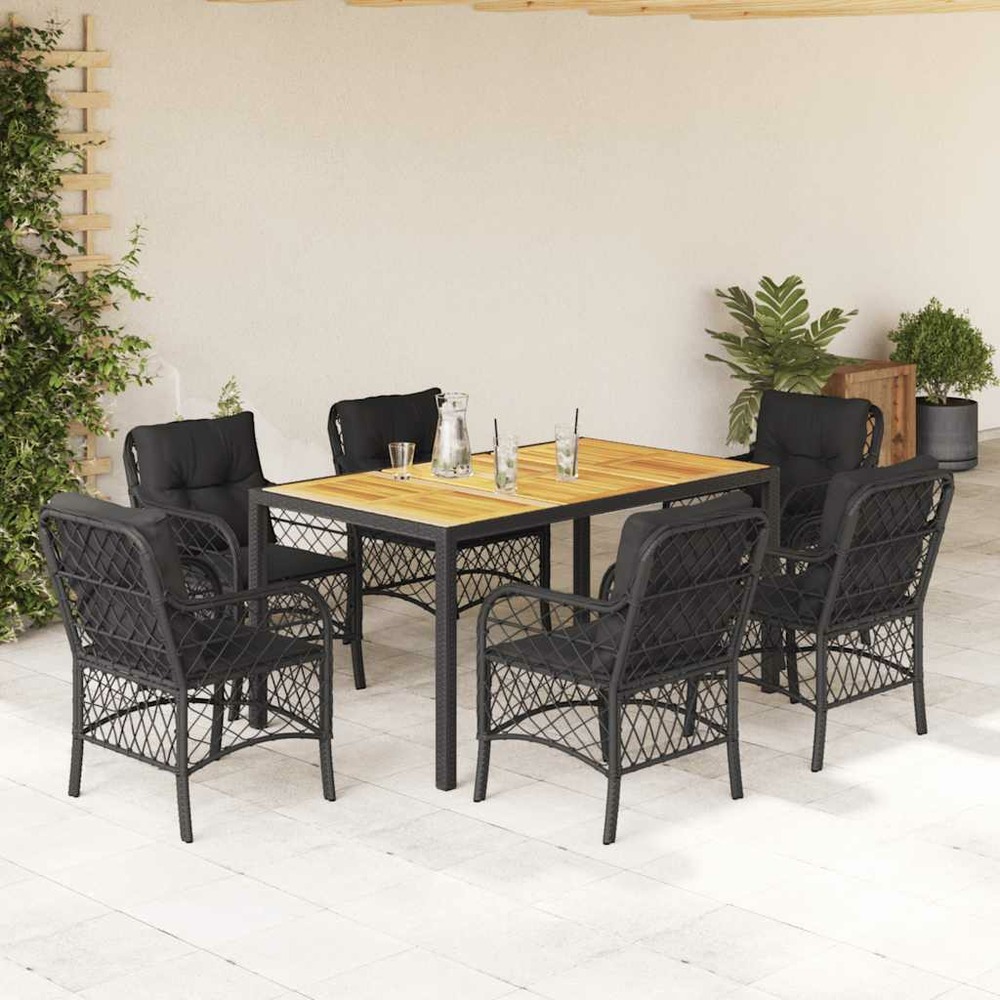 Ensemble à manger de jardin coussins 7pcs noir résine tressée