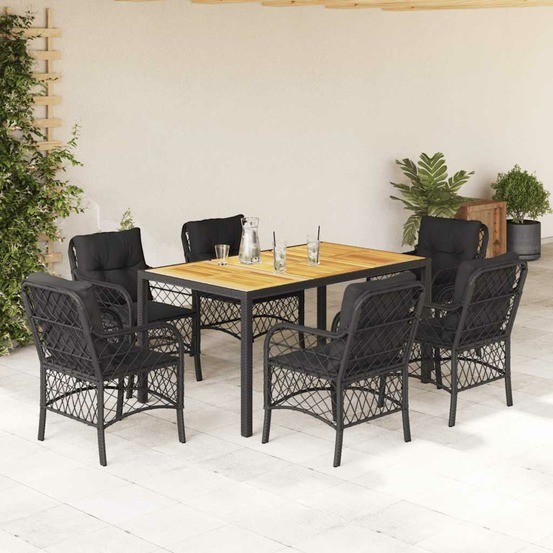 Ensemble à manger de jardin coussins 7pcs noir résine tressée